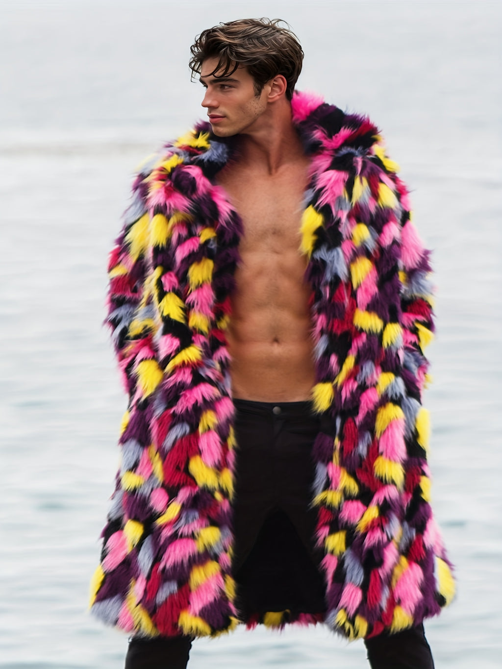 Manteau en fausse fourrure pour homme, grandes tailles, à revers