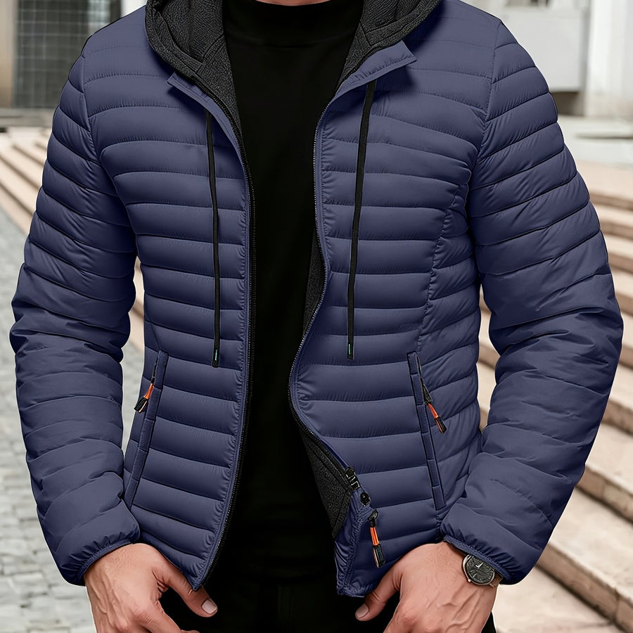 Veste matelassée, coupe-vent, à capuche, kaki, coloris bleu marine, détail
