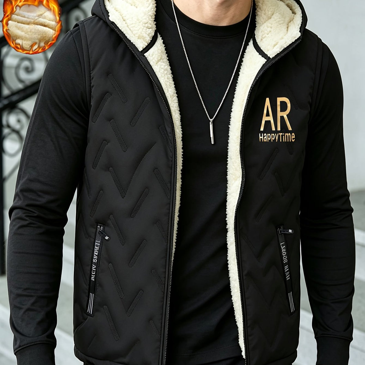 Gilet épais sans manches à capuche doublé, tendance automne/hiver, vêtement d'extérieur chaud, cardigan à capuche zippé à la mode et polyvalent, pour l'extérieur et la randonnée, la course et le fitness, les voyages et le sport, cade, coloris noir, détail Image