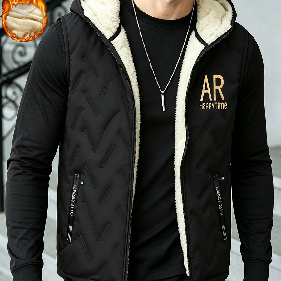 Gilet épais sans manches à capuche doublé, tendance automne/hiver, vêtement d'extérieur chaud, cardigan à capuche zippé à la mode et polyvalent, pour l'extérieur et la randonnée, la course et le fitness, les voyages et le sport, cade, coloris noir, détail