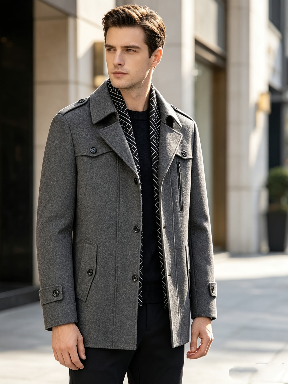 Manteau trench en tweed pour homme, 30 % laine, col écharpe détachable