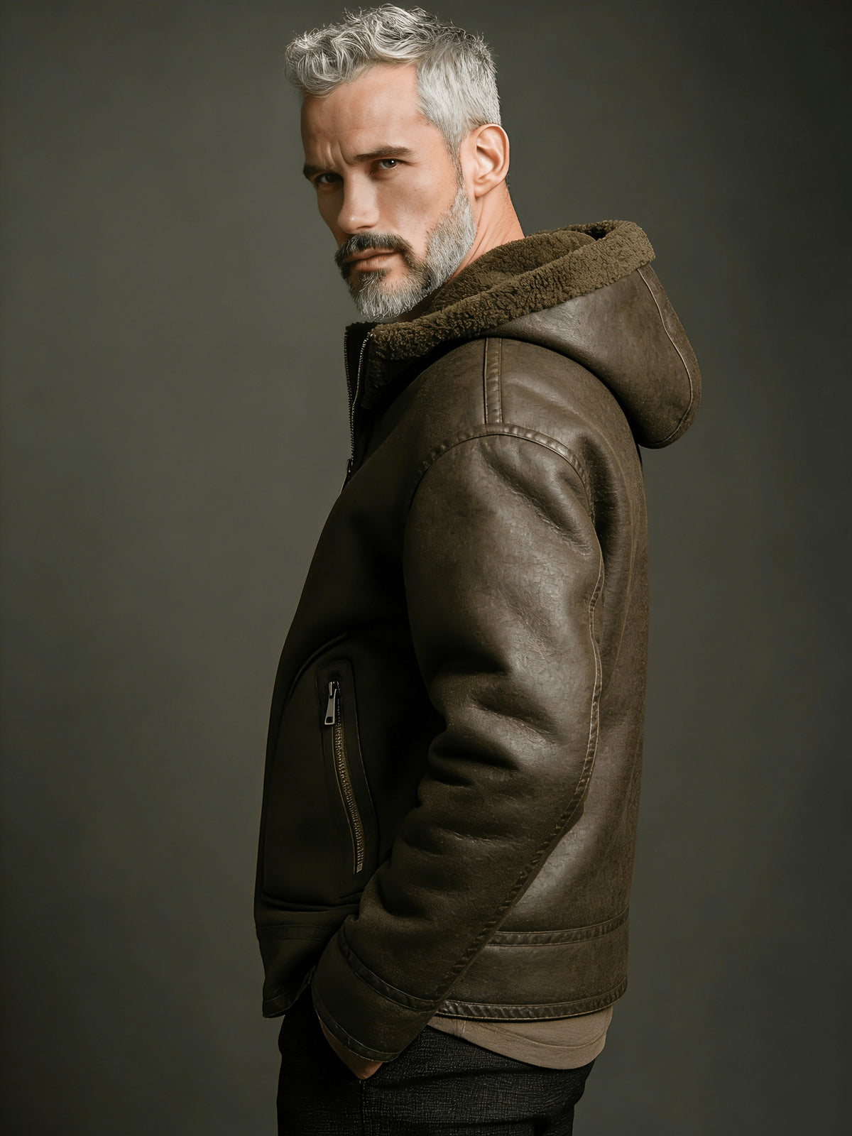 Manteau en fausse fourrure long pour homme, velours, à capuche