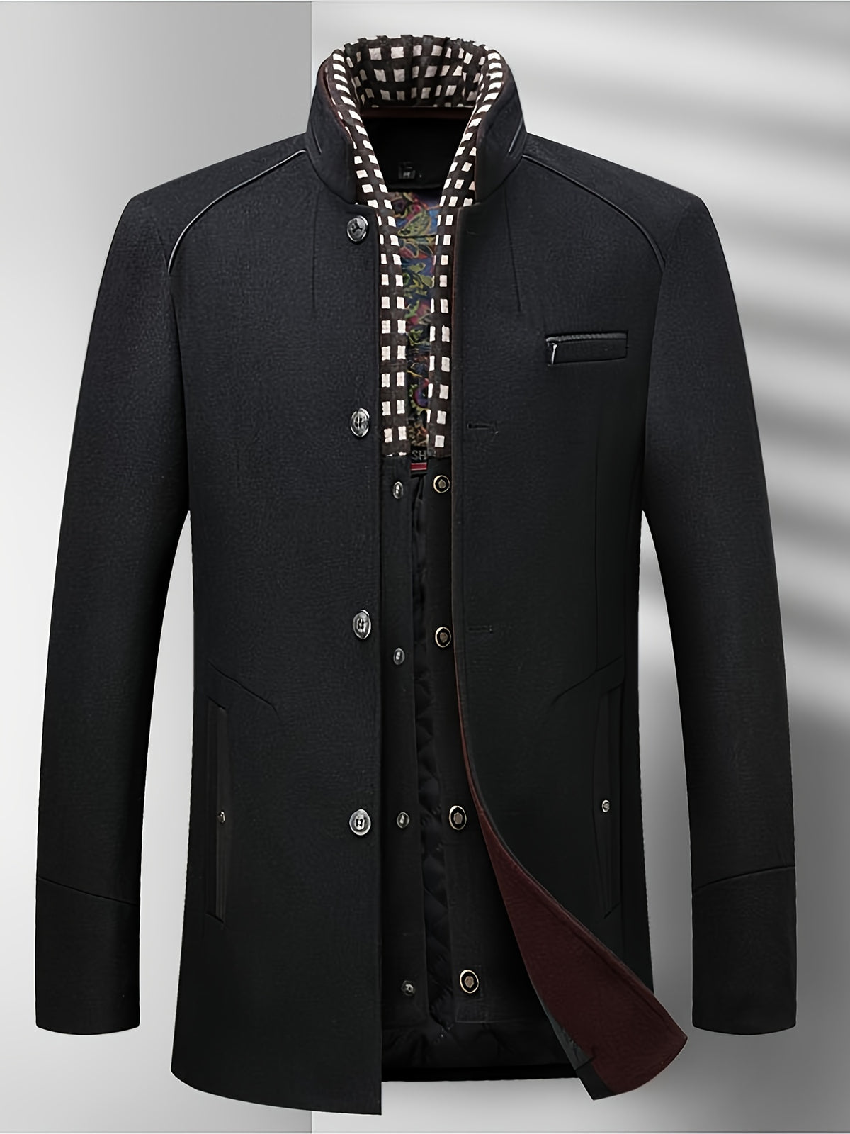 Manteau mi-long en tweed pour homme, 55 % laine, col montant