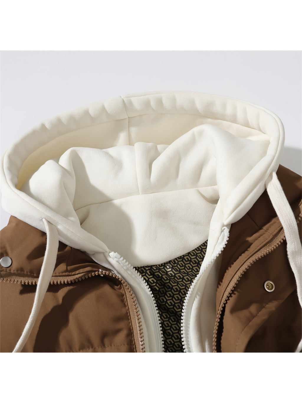 Gilet d'hiver chaud, design tendance sans manches aspect 2-en-1, capuche à cordon de serrage réglable, fermeture avant double ouverture par boutons-pression et fermeture éclair, poche de rangement pratique à insertion latérale, détails de bordu, photo 23