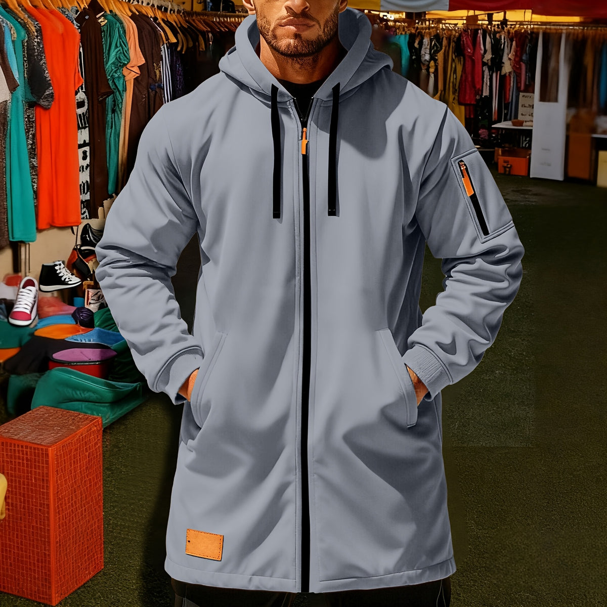 Veste long pour homme, à capuche, noir