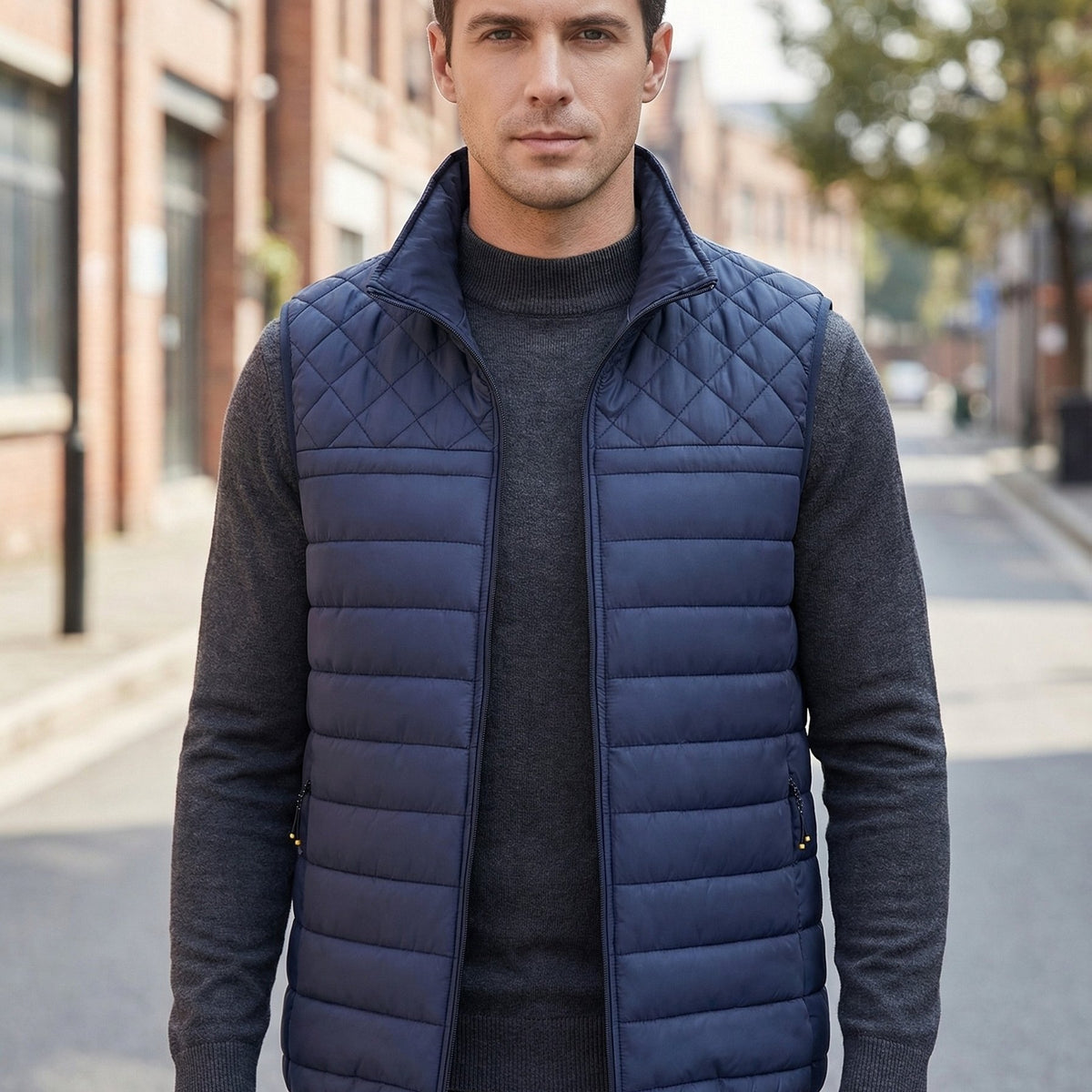 Gilet Homme Couleur Unie Col Montant, Cardigan Léger Sans Manches Automne Hiver, Veste Matelassée Décontractée pour les Trajets Quotidiens, Adaptable à Toute Occasion, coloris couleur marine, détail Image