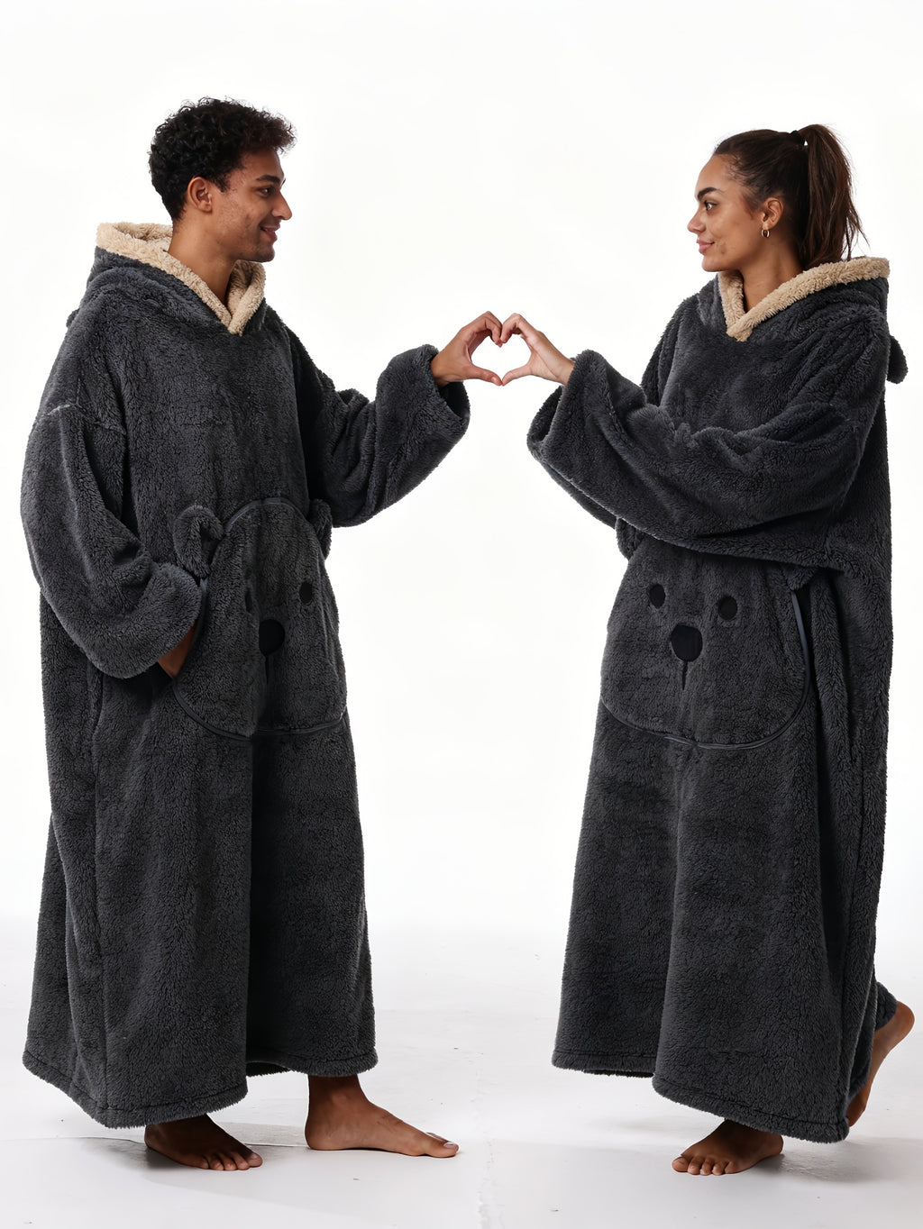Manteau long pour homme, polaire, à capuche, gris clair