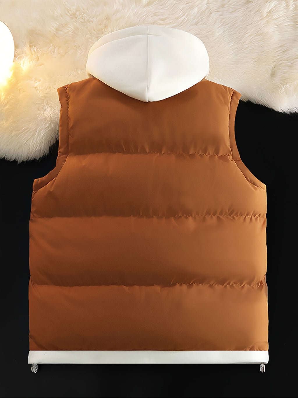 Gilet d'hiver chaud, design tendance sans manches aspect 2-en-1, capuche à cordon de serrage réglable, fermeture avant double ouverture par boutons-pression et fermeture éclair, poche de rangement pratique à insertion latérale, détails de bordu, photo 12