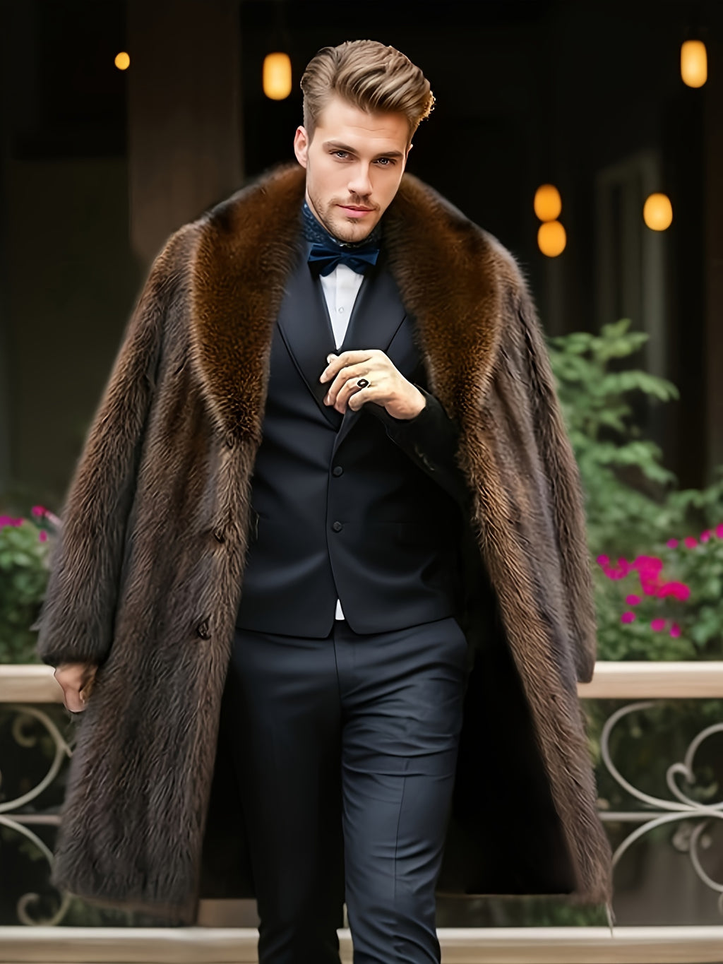 Manteau en fausse fourrure mi-long pour homme, à revers, mi-long