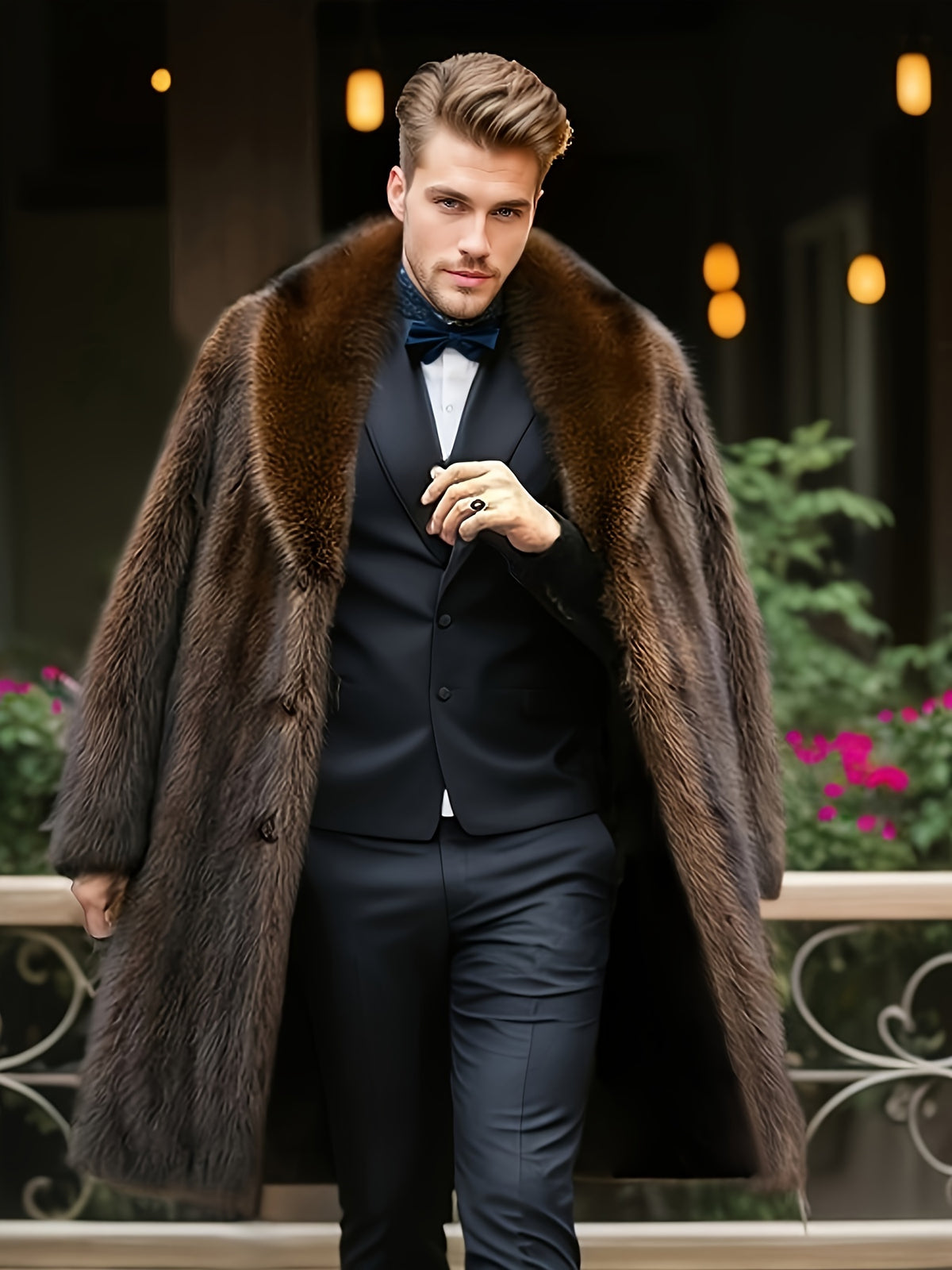 Manteau en fausse fourrure mi-long pour homme, à revers, mi-long