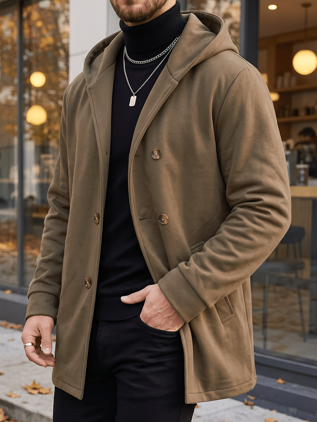 Manteau long pour homme, à capuche, kaki