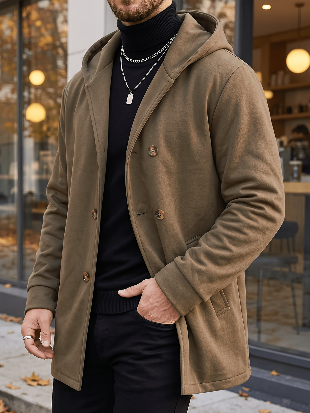 Manteau long pour homme, à capuche, kaki