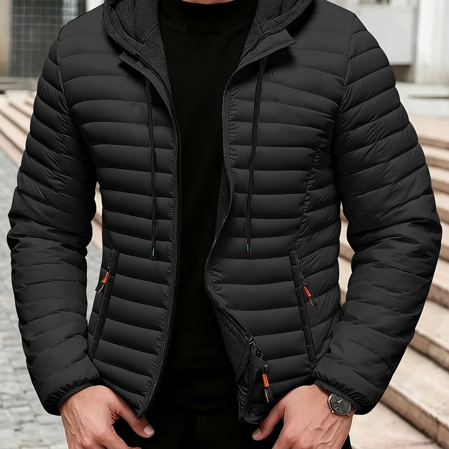 Veste matelassée, coupe-vent, à capuche, kaki, coloris noir, détail