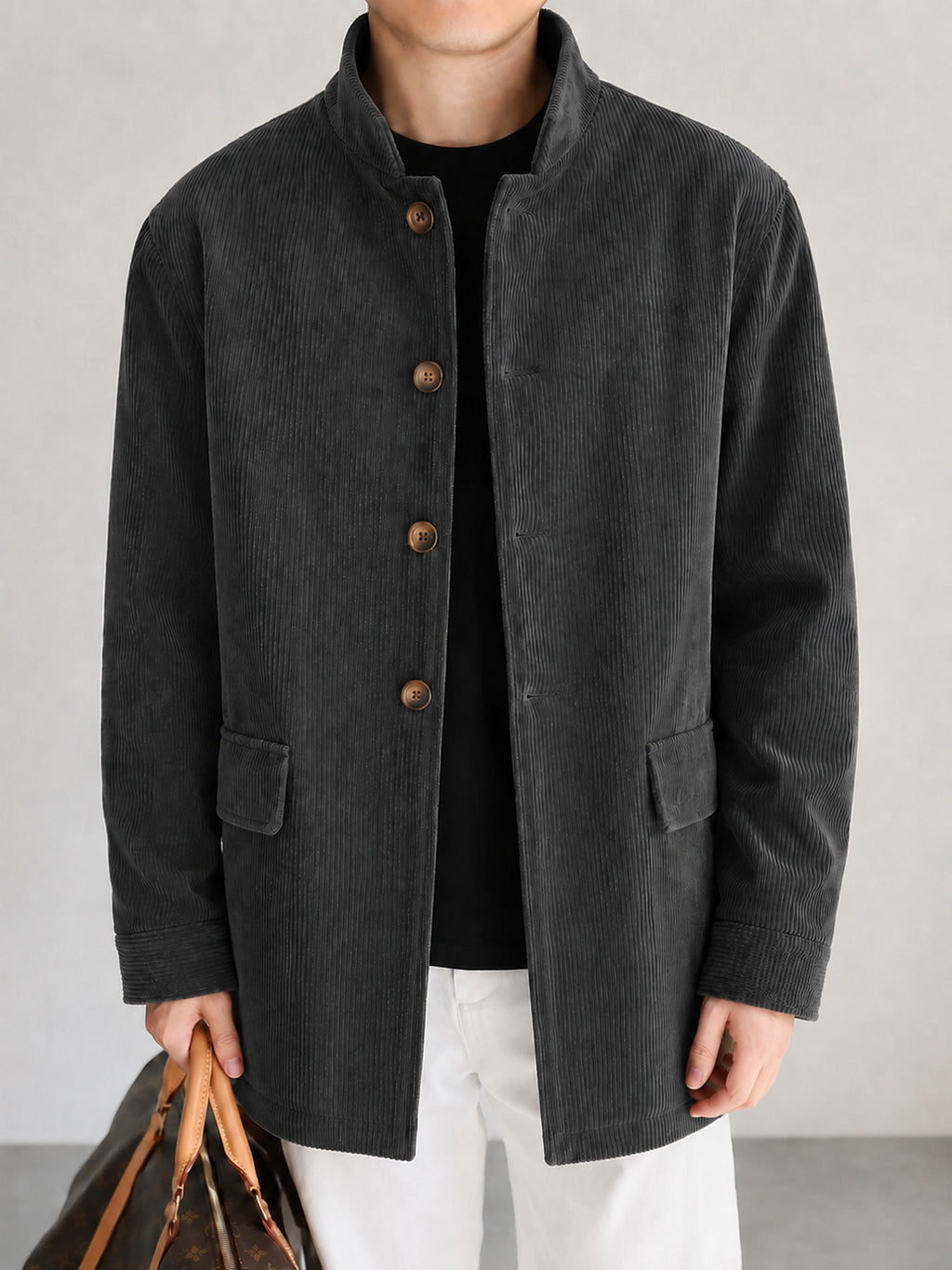 Manteau pour homme, velours côtelé, à col montant
