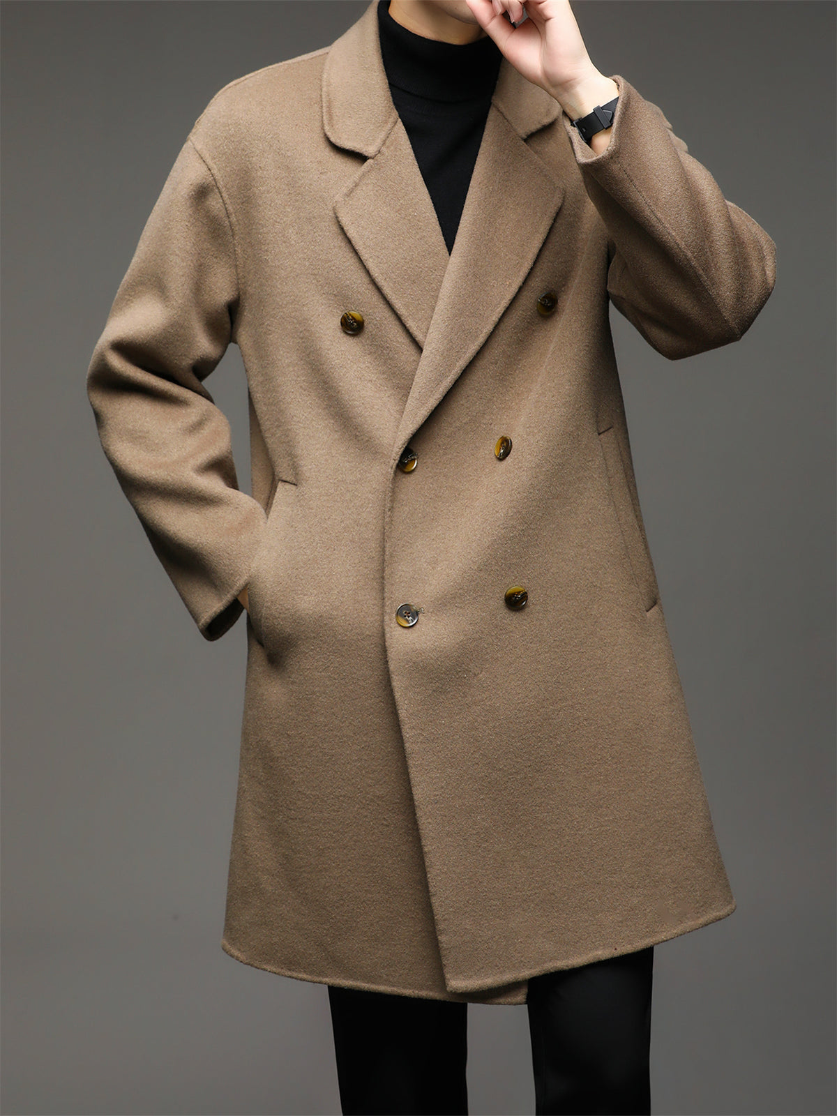 Manteau mi-long en laine pour homme, 70 % laine, col à revers