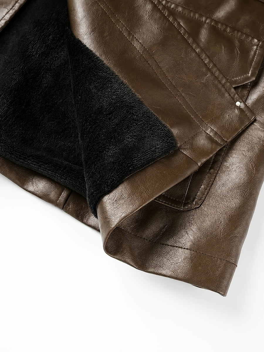 Veste en cuir PU longue, à revers, détail du vêtement