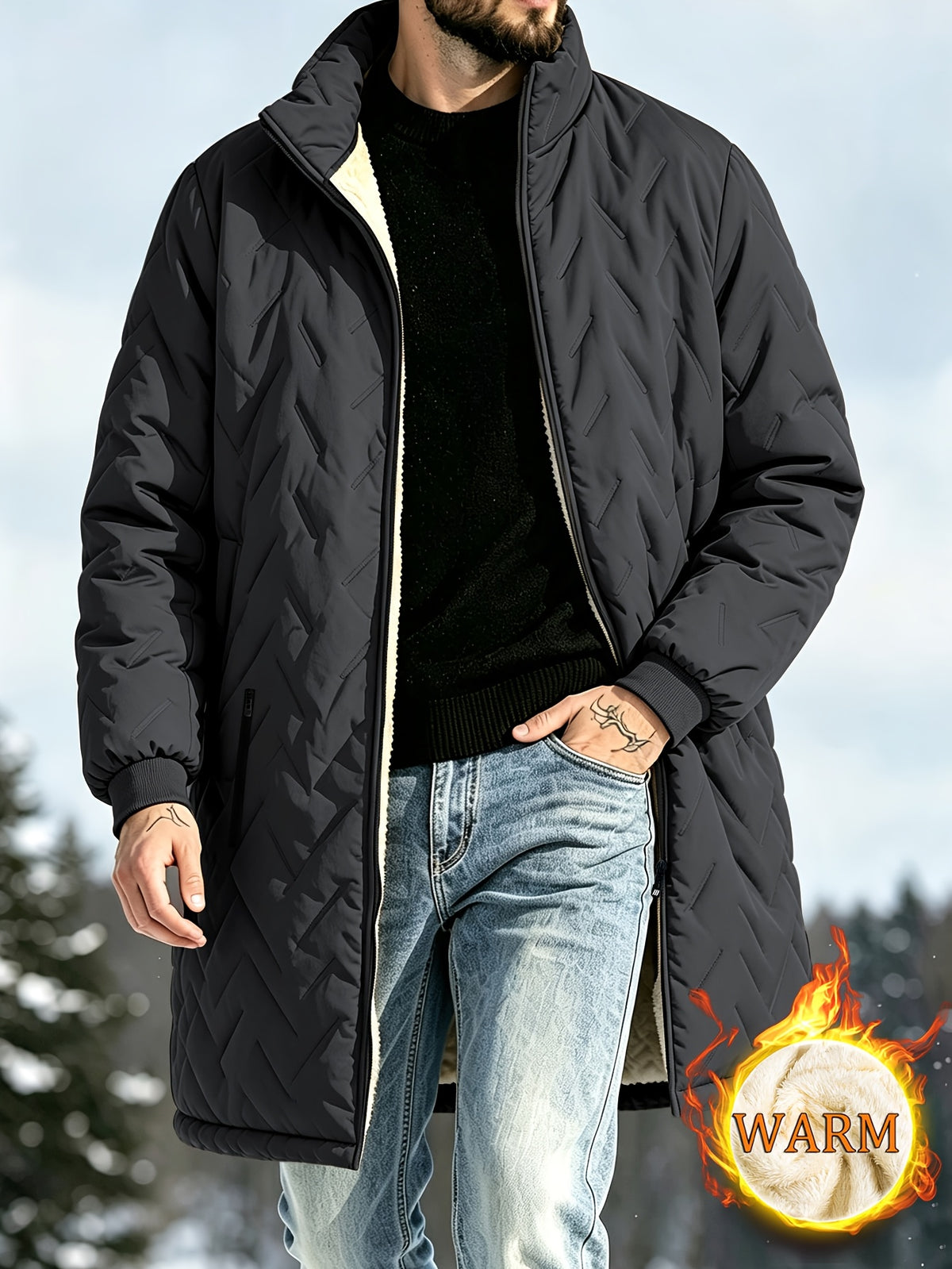 Veste long pour homme, imperméable, à col montant