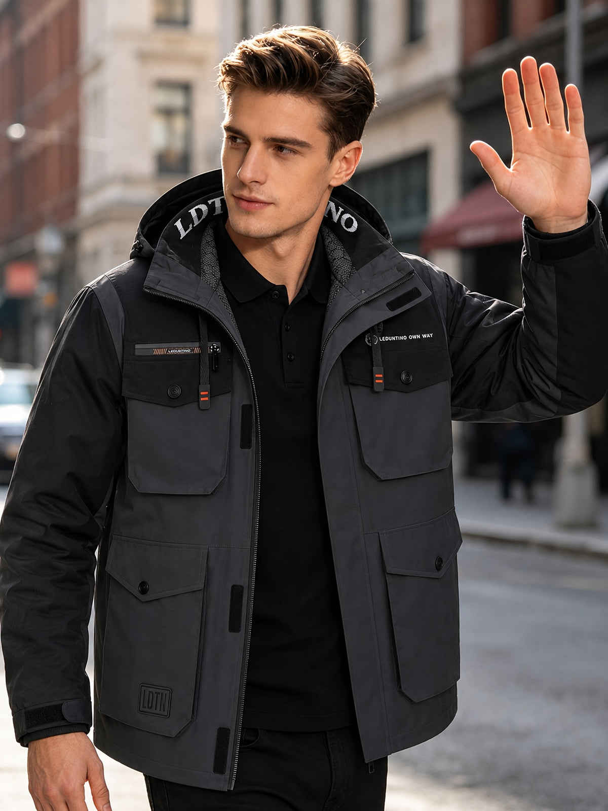 Veste pour homme, capuche amovible, gris foncé