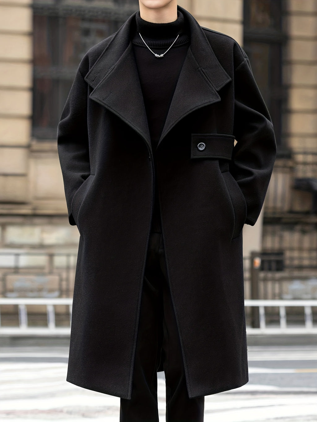 Trench mi-long pour homme, à revers, noir