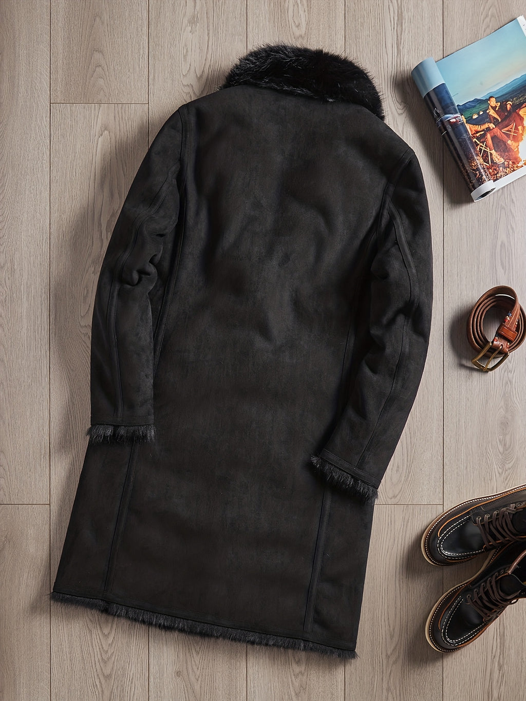 Manteau en fausse fourrure long pour homme, à revers, jaune marron