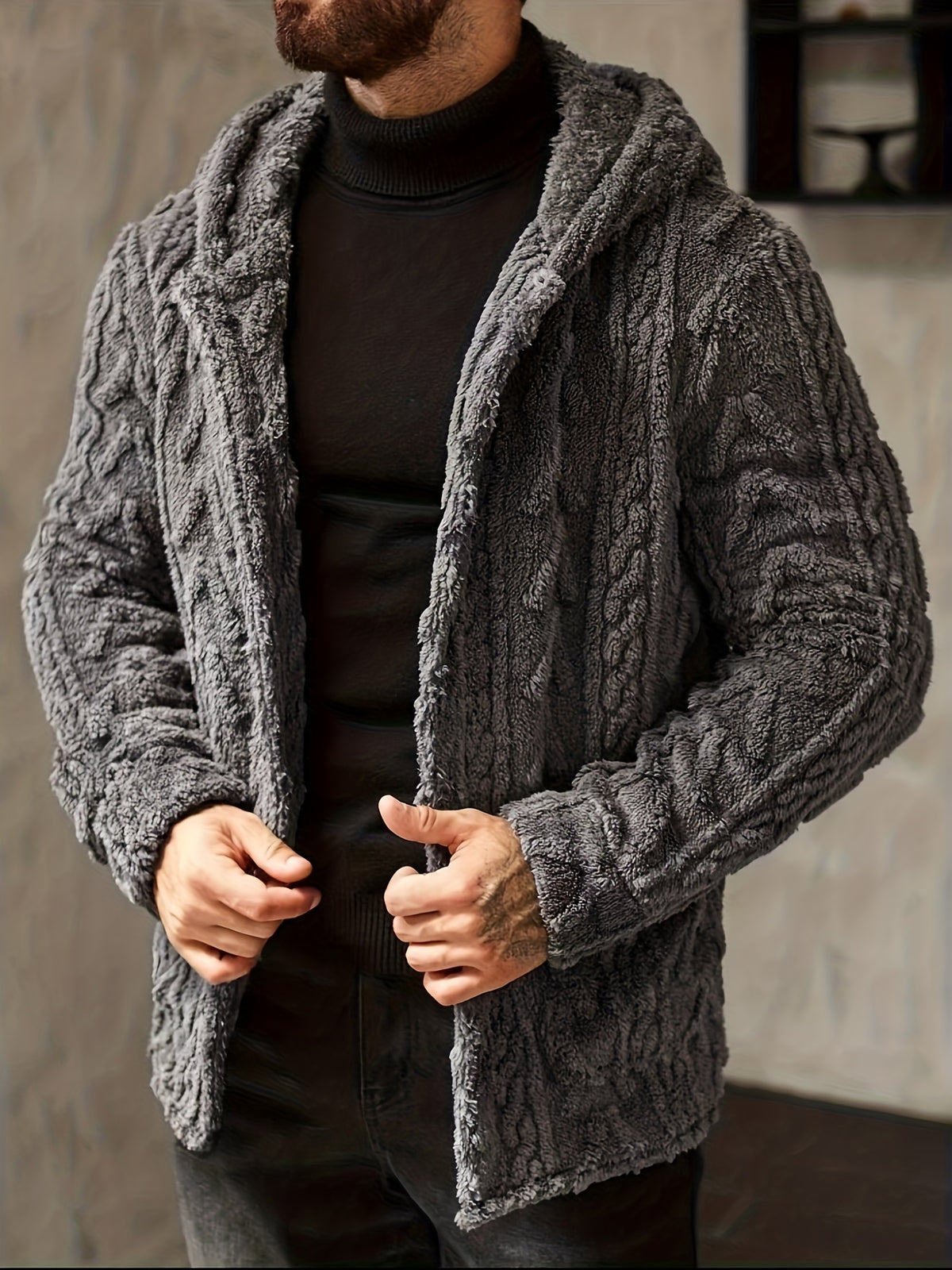 Veste en fausse fourrure pour homme, polaire, à capuche
