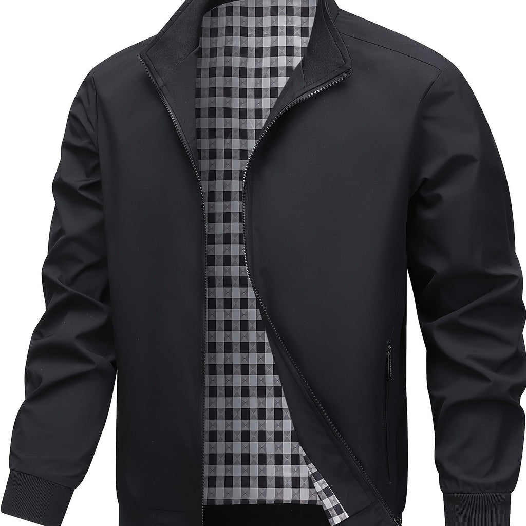 Veste, à carreaux, à col montant, noir, coloris noir