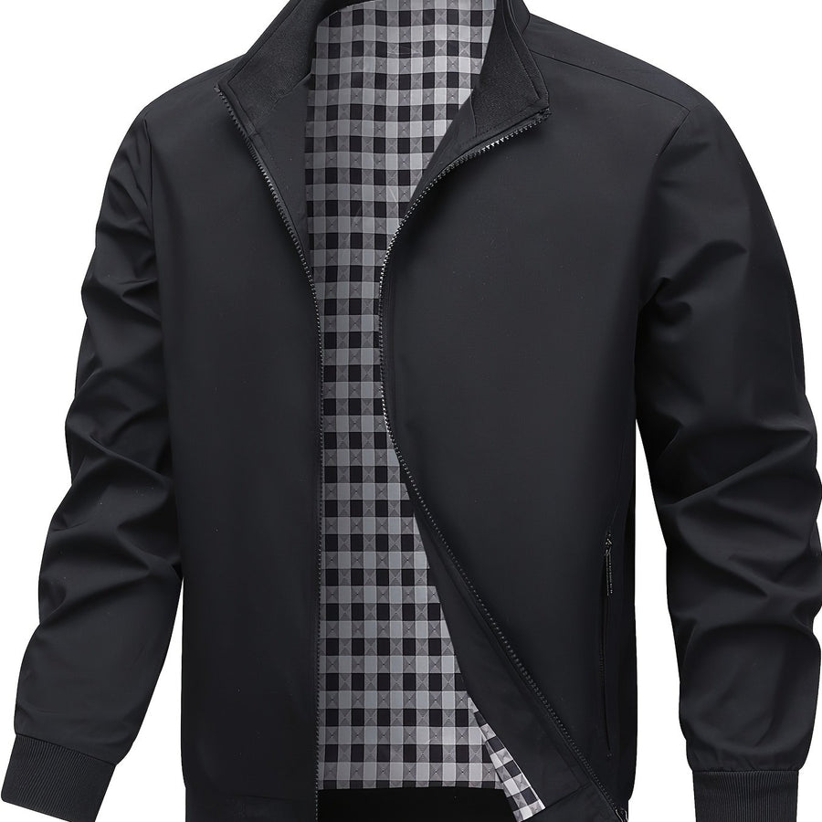 Veste, à carreaux, à col montant, noir, coloris noir