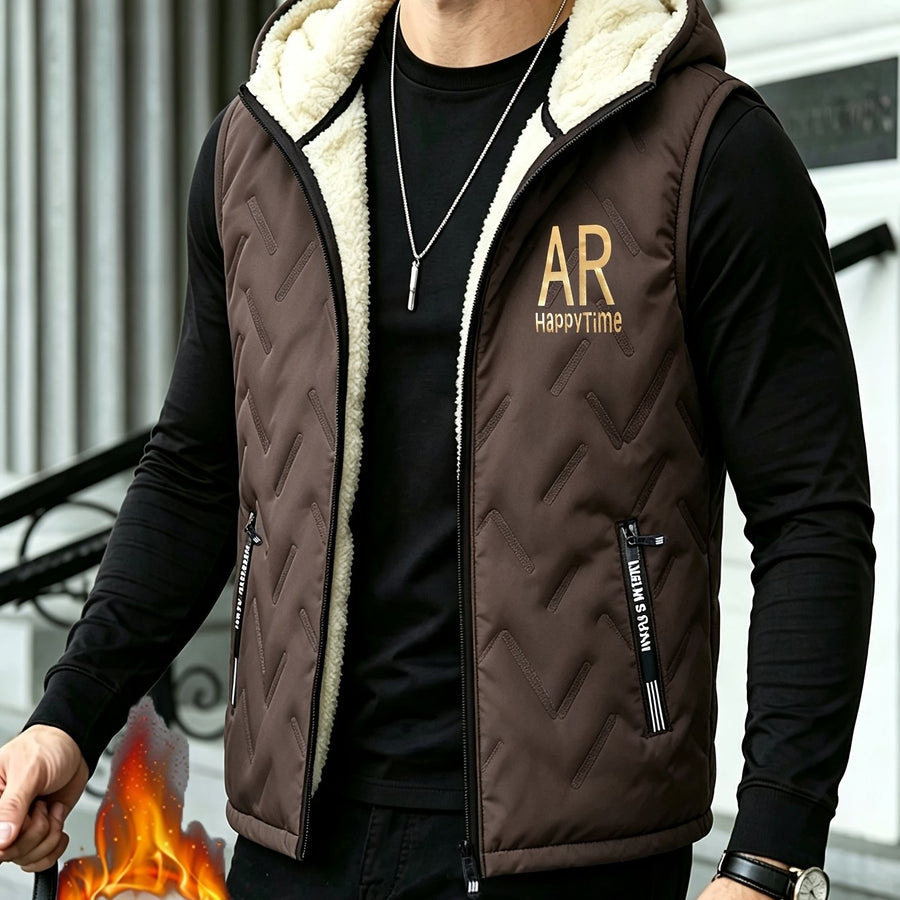 Gilet épais sans manches à capuche doublé, tendance automne/hiver, vêtement d'extérieur chaud, cardigan à capuche zippé à la mode et polyvalent, pour l'extérieur et la randonnée, la course et le fitness, les voyages et le sport, cade, coloris marron foncé, détail