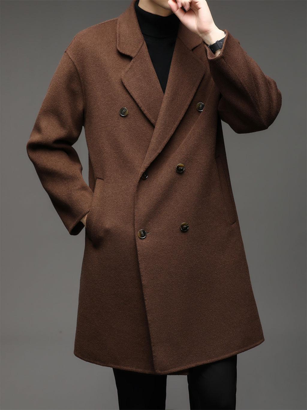 Manteau mi-long en laine pour homme, 70 % laine, col à revers