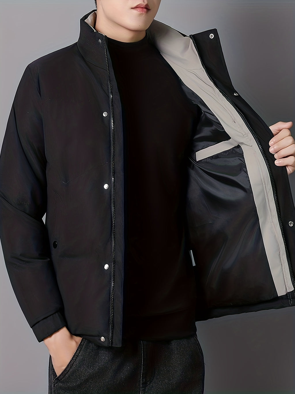 Manteau matelassé pour homme, coupe-vent, à col montant, noir