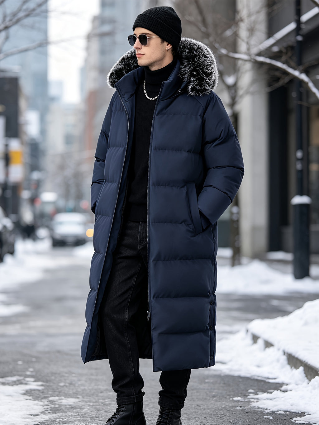 Manteau matelassé long pour homme, à capuche