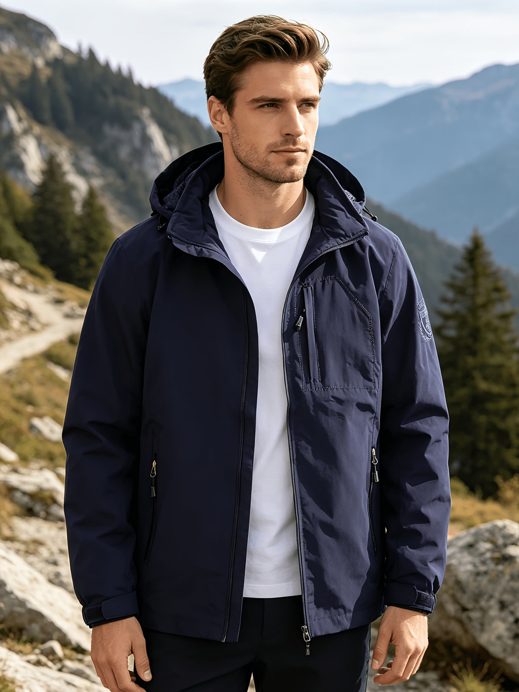 Veste longue, coupe-vent, à capuche, bleu marine, détail du vêtement