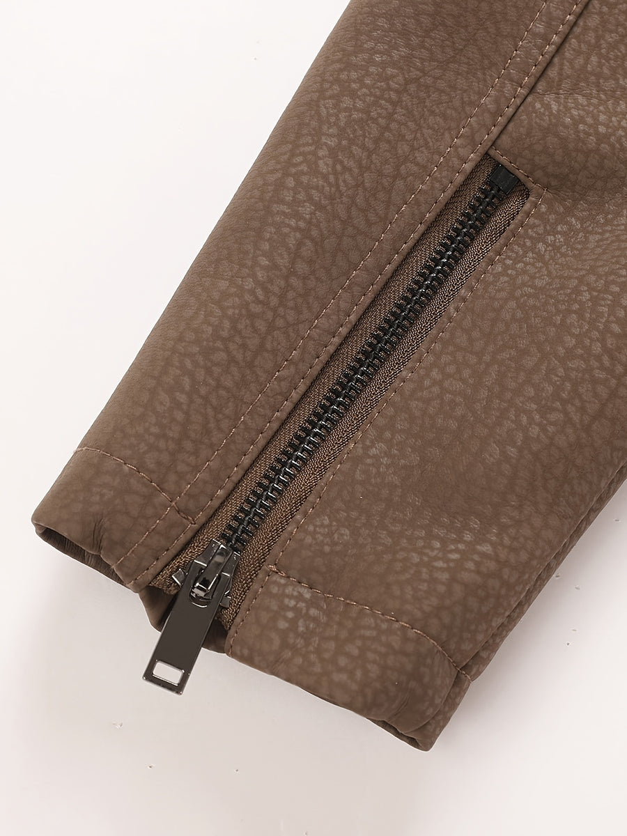 Veste de moto en PU pelucheux avec doublure à revers, doublure épaisse et chaude, tissu à texture vintage, multiples poches à fermeture éclair, coupe slim courte, tenue décontractée américaine pour la conduite et les trajets automne/hiver, vête, photo 9