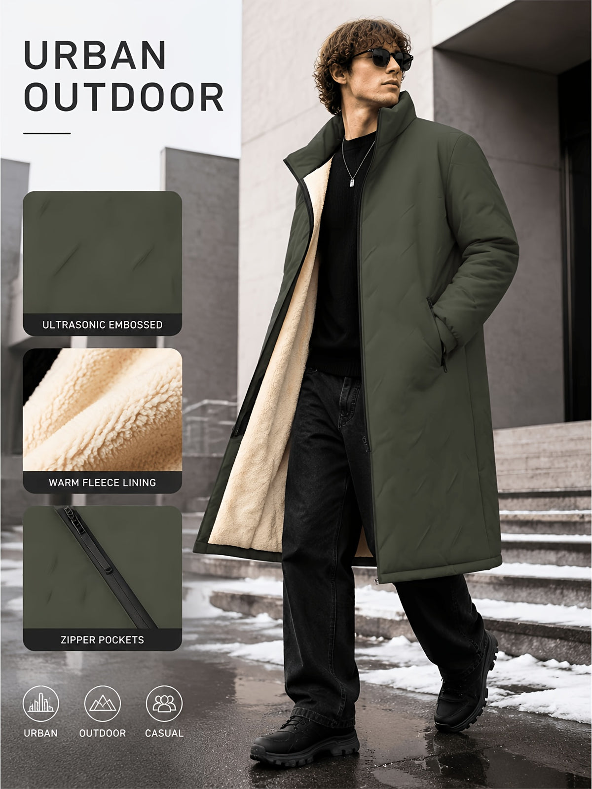 Veste long pour homme, à col montant, noir