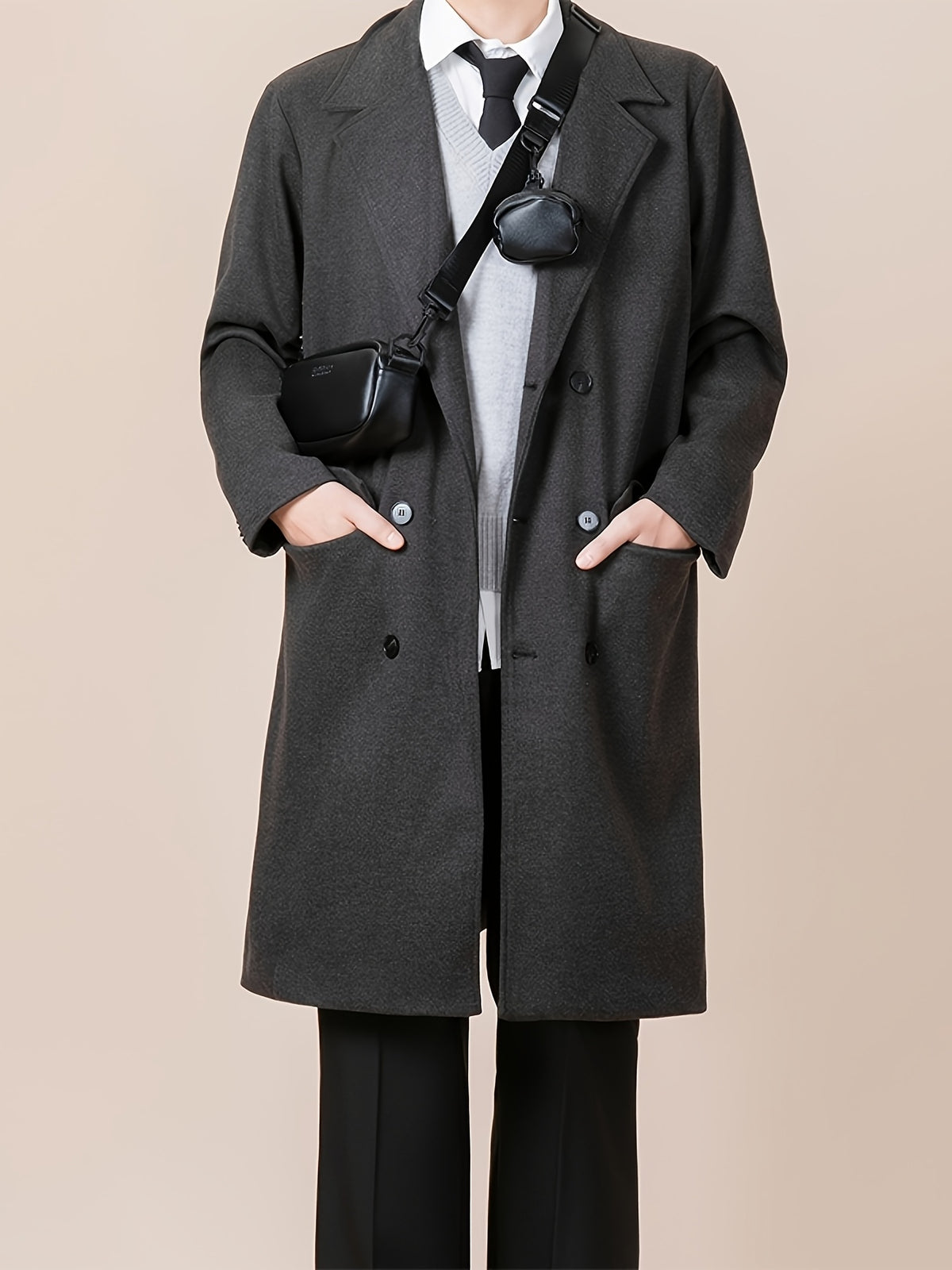 Trench pour homme, tweed, à revers, gris foncé