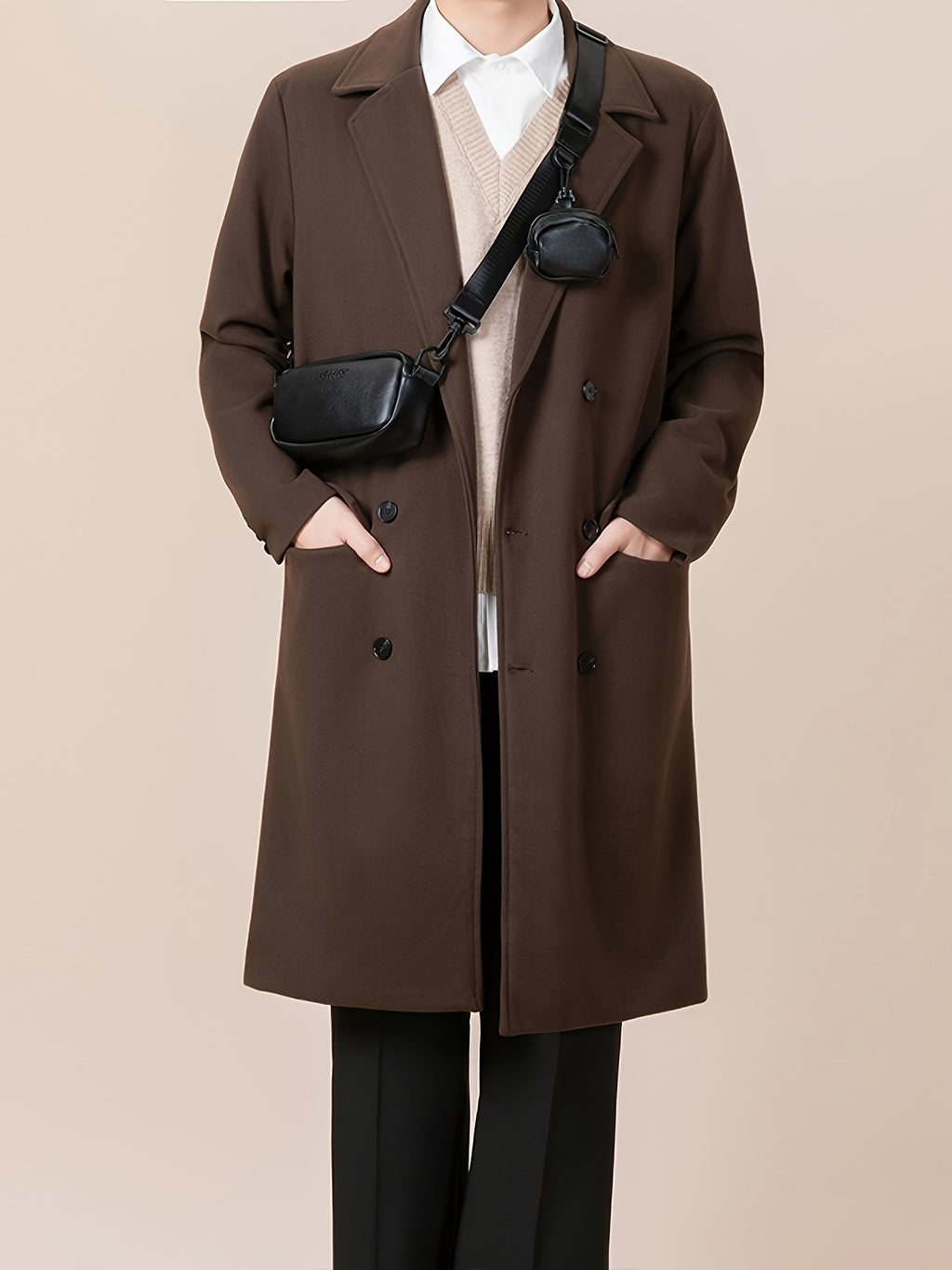 Trench pour homme, tweed, à revers, gris foncé