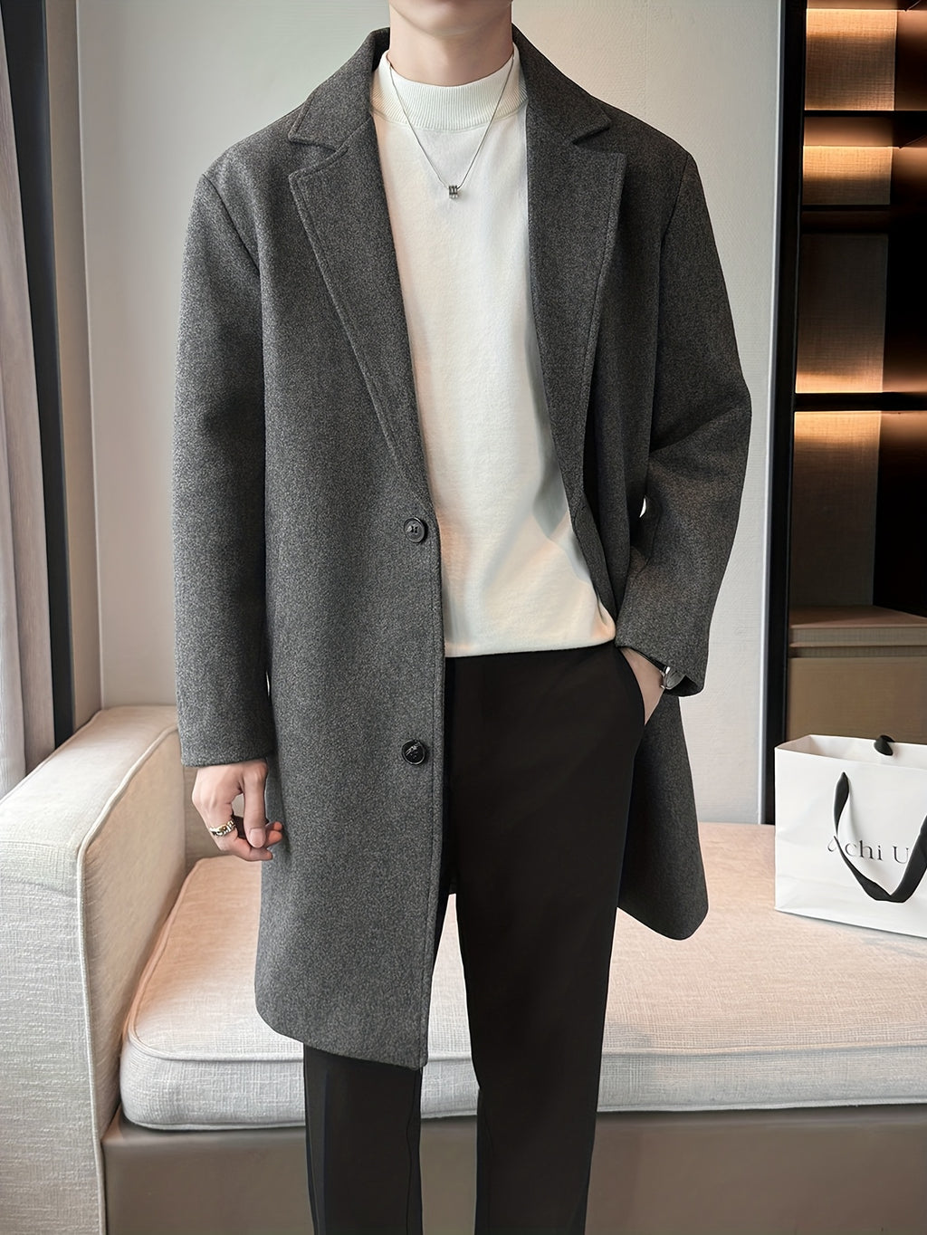 Trench mi-long pour homme, à revers, café