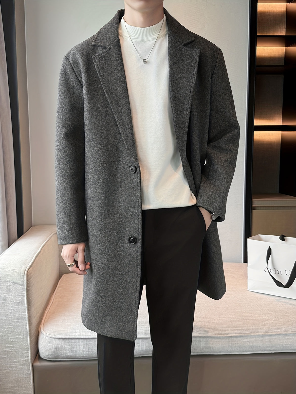 Trench mi-long pour homme, à revers, café