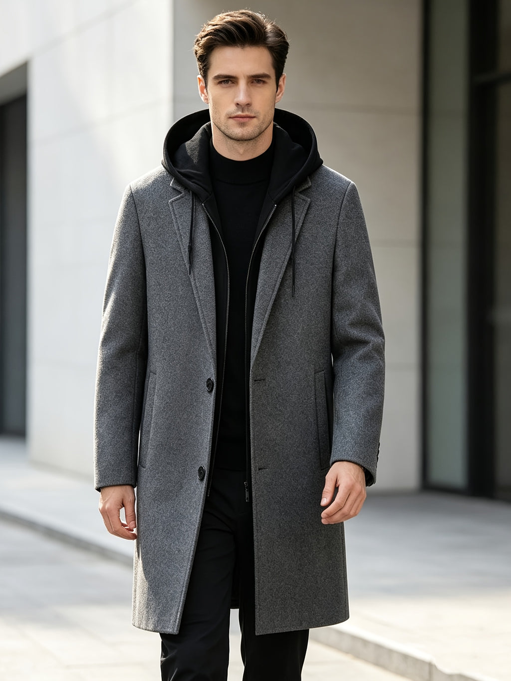 Manteau trench en velours pour homme, 30 % laine, capuche amovible