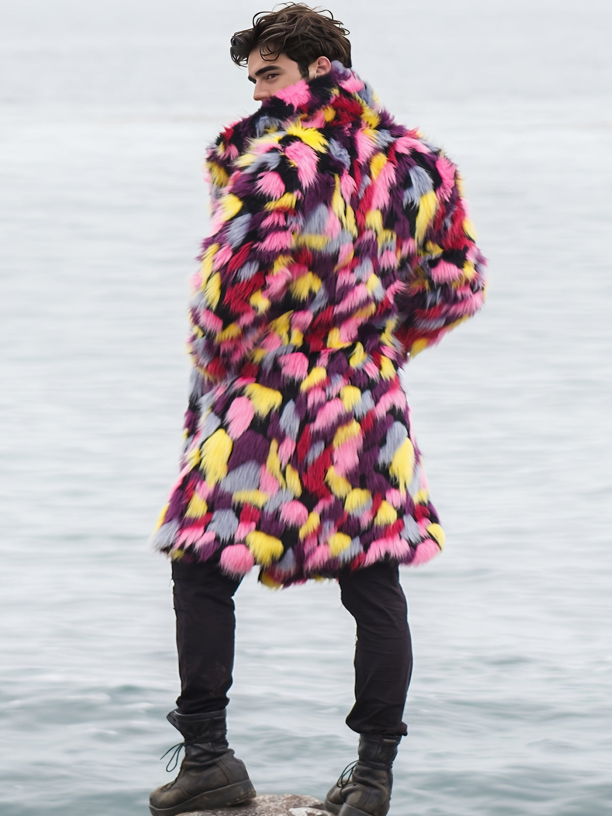Manteau en fausse fourrure pour homme, grandes tailles, à revers