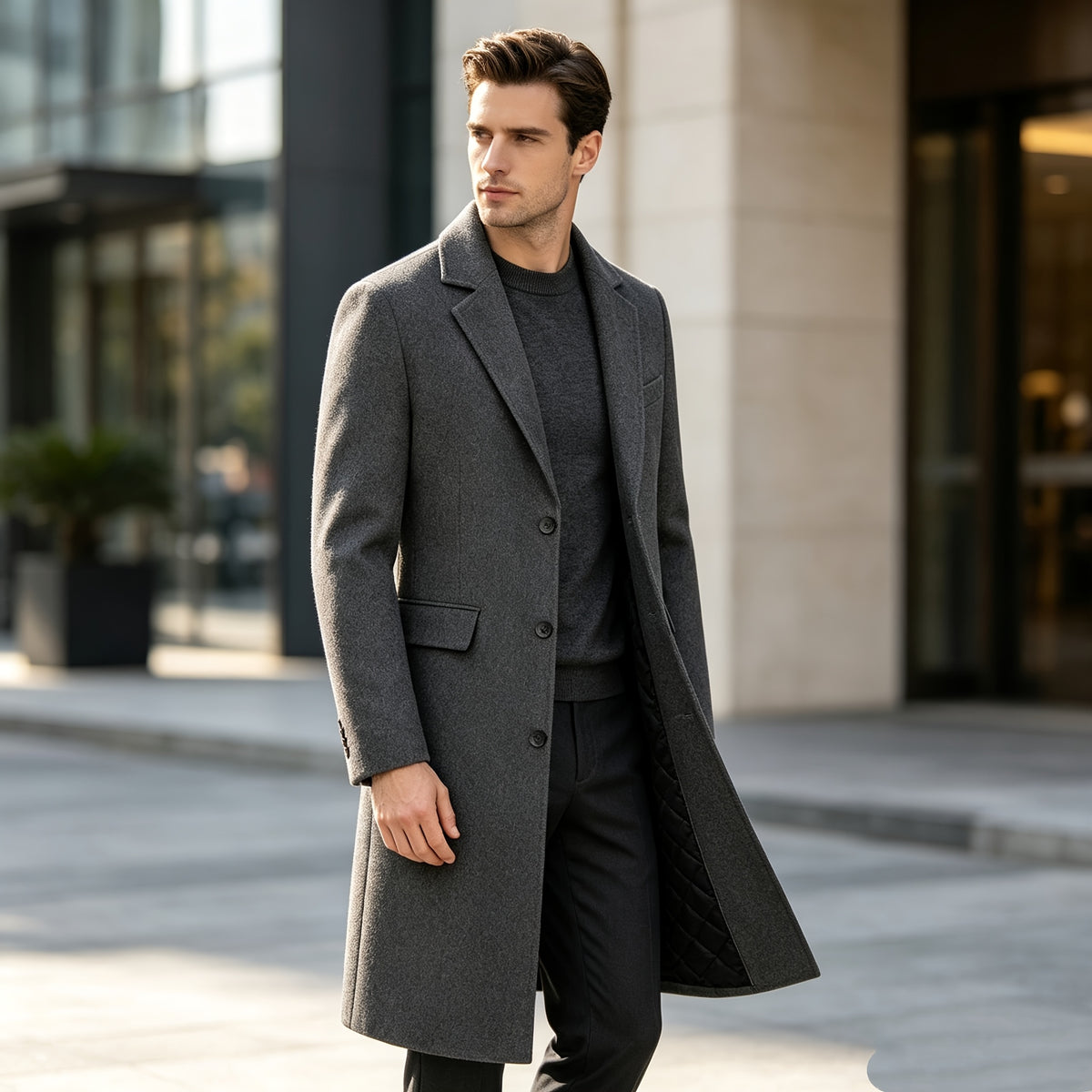 Manteau long pour homme en mélange de laine, col à revers