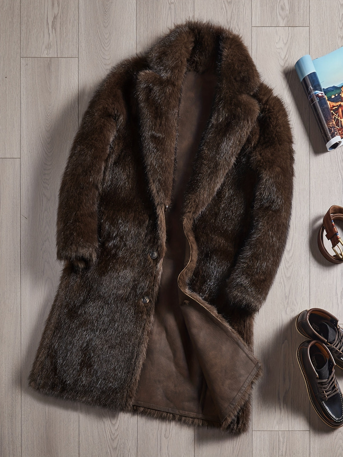 Manteau en fausse fourrure long pour homme, à revers, jaune marron
