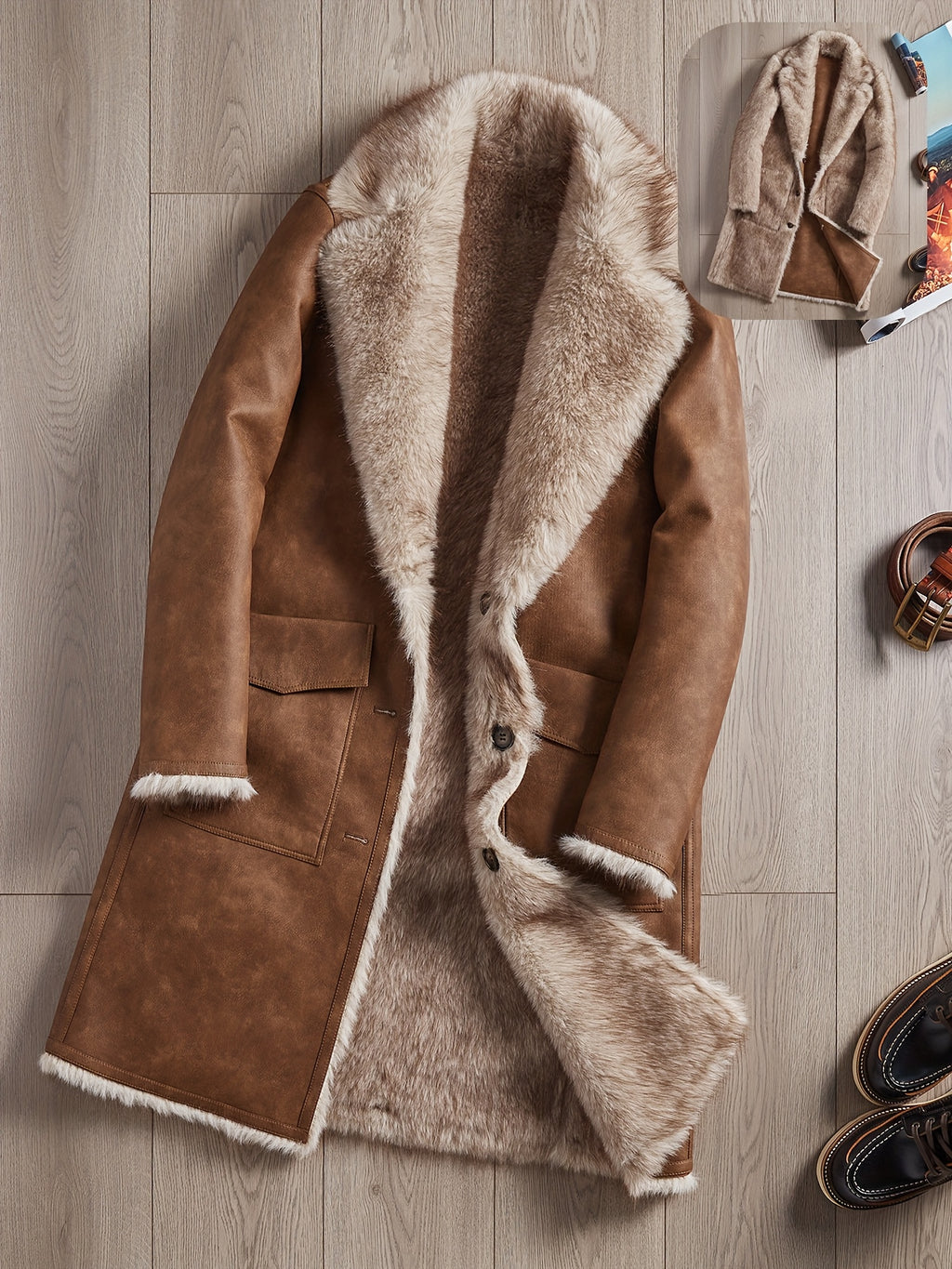 Manteau en fausse fourrure long pour homme, à revers, jaune marron