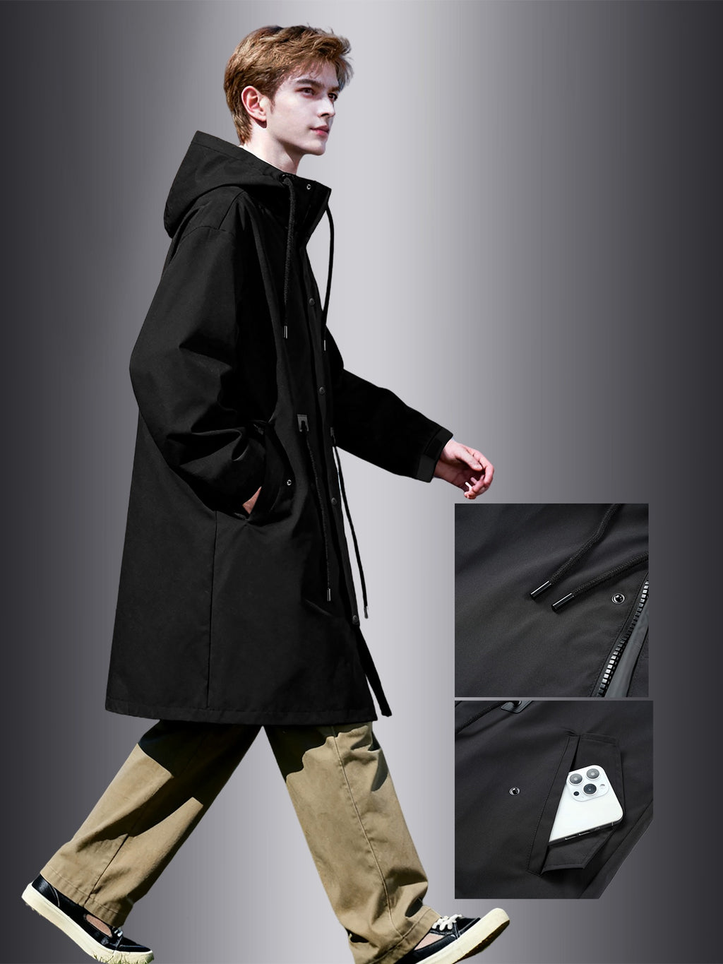 Trench pour homme, à capuche, col montant