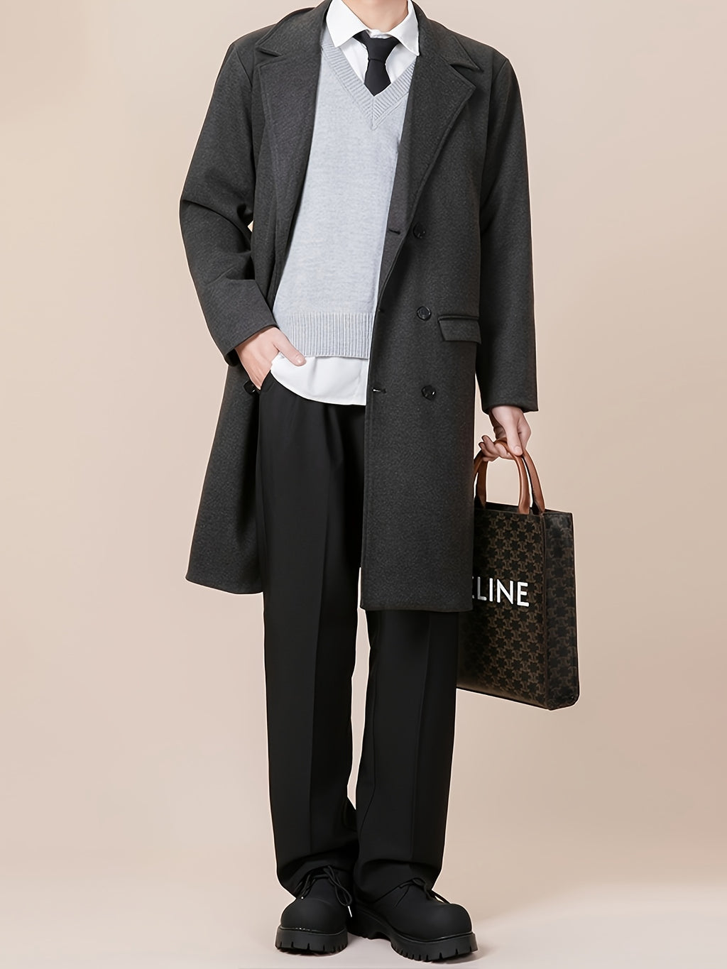 Trench pour homme, tweed, à revers, gris foncé