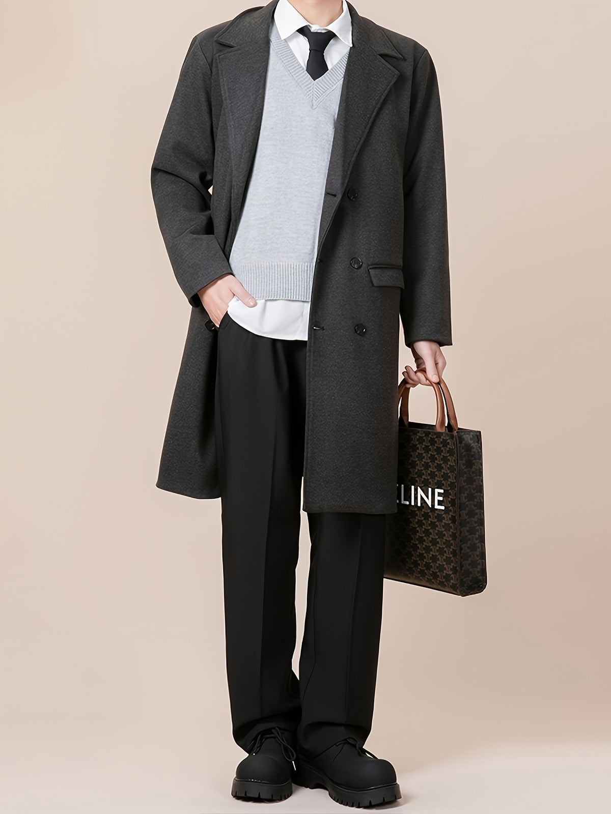 Trench pour homme, tweed, à revers, gris foncé