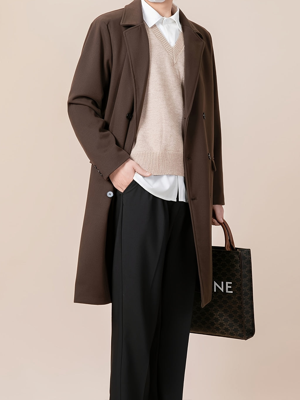 Trench pour homme, tweed, à revers, gris foncé