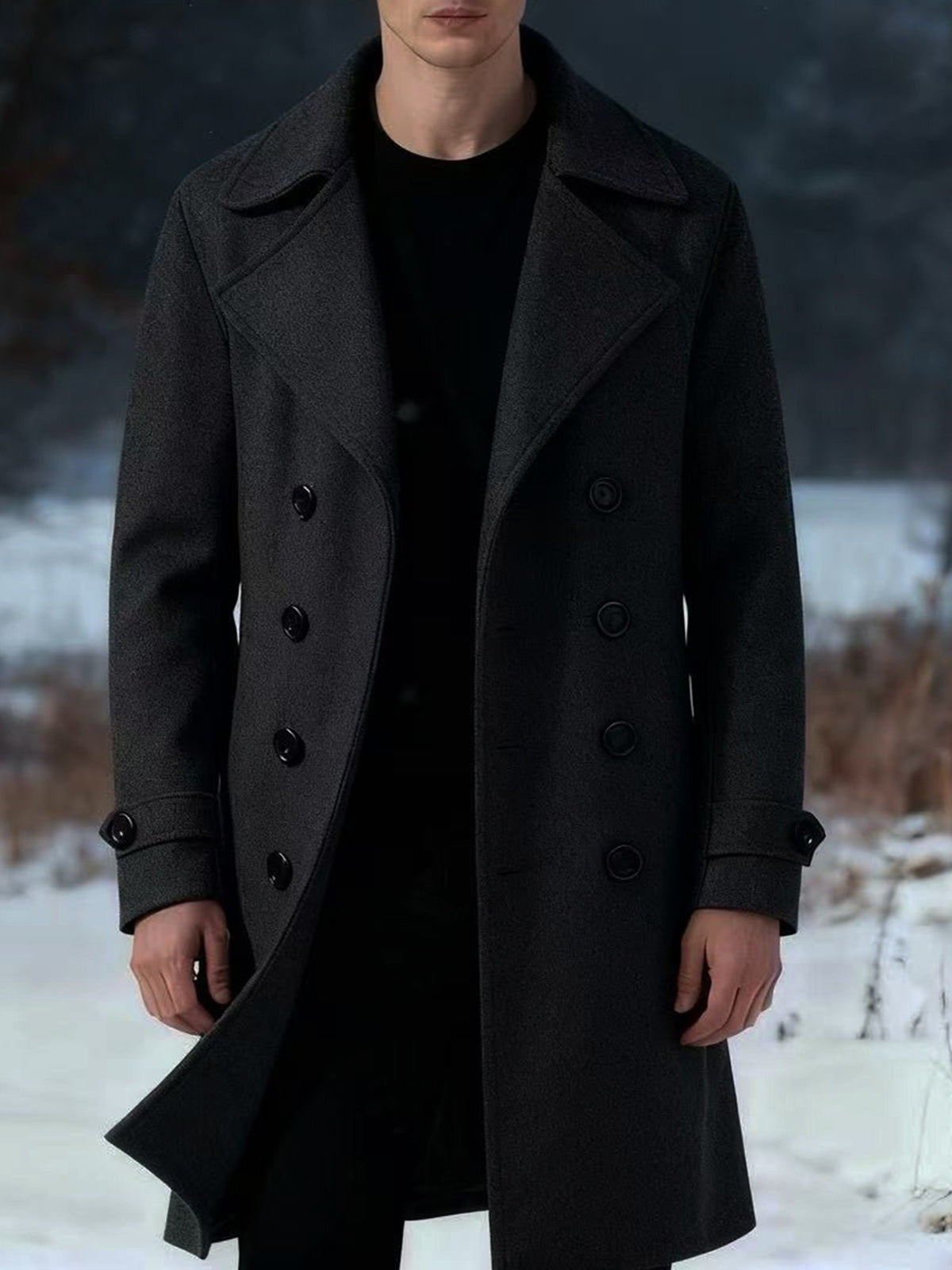 Manteau long pour homme, à revers, gris foncé