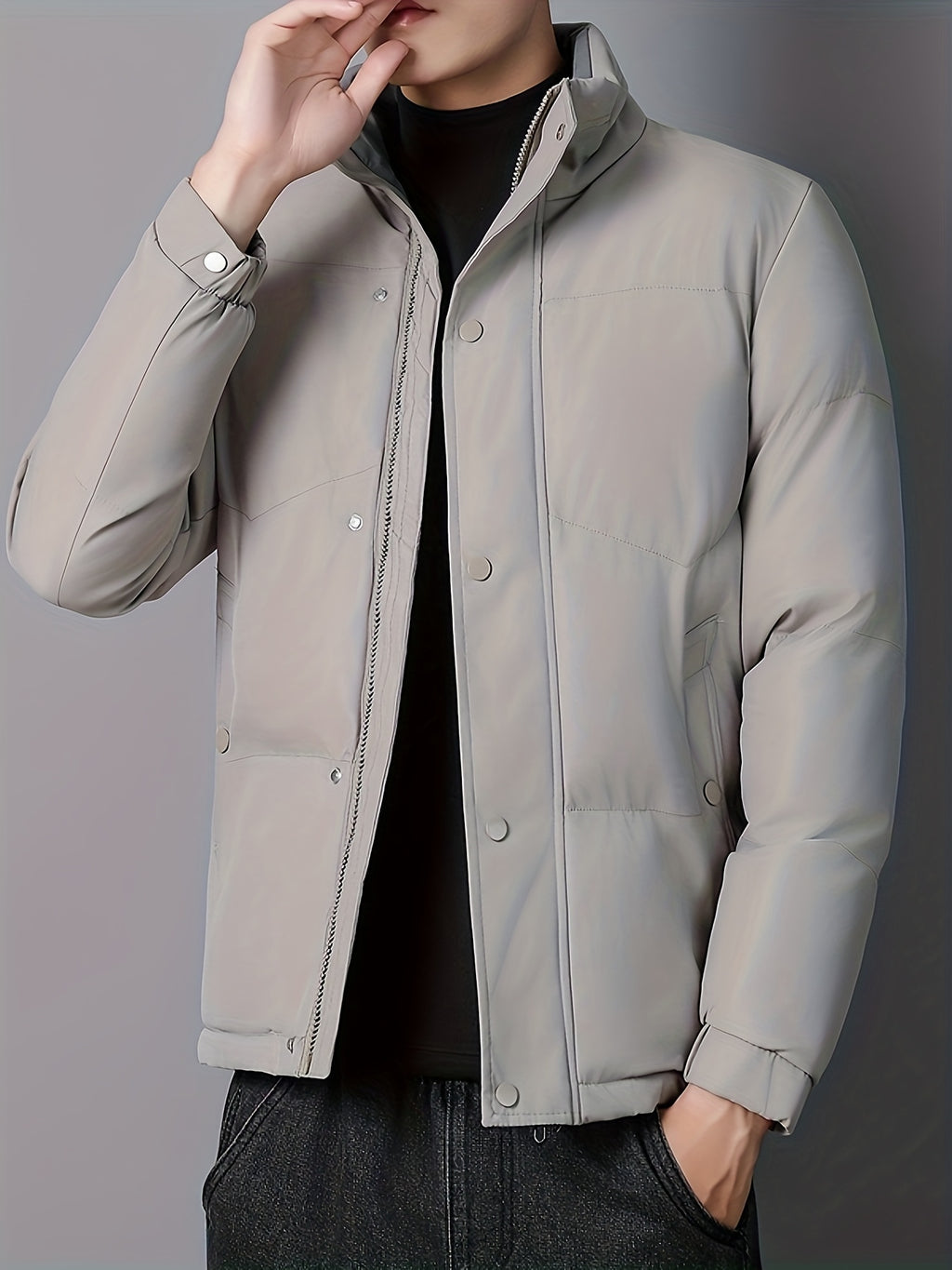 Manteau matelassé pour homme, coupe-vent, à col montant, noir