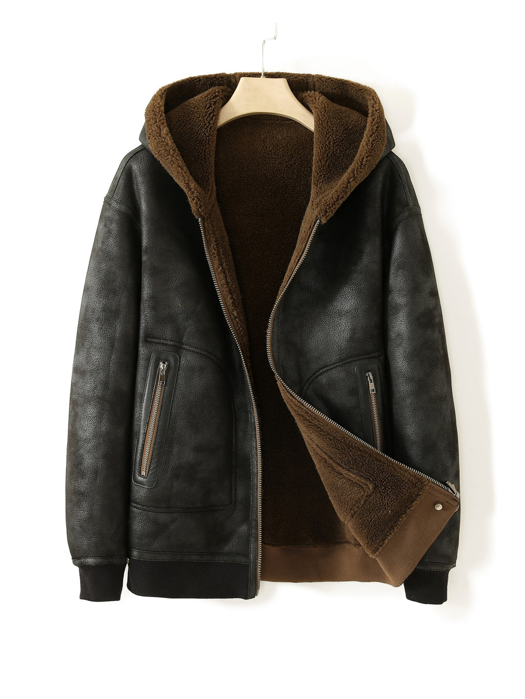 Veste en fausse fourrure long pour homme, réversible, à capuche